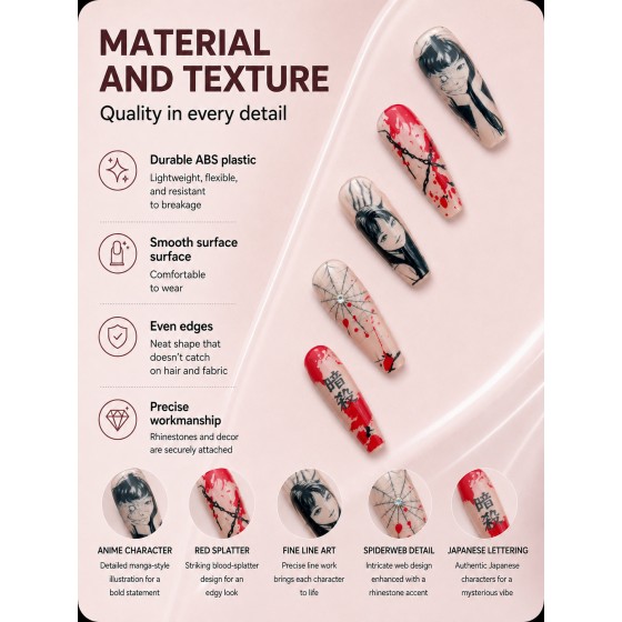 Dark Japanese Manga Style Press‑On Nails,Blood Splatter Spider Web Letter Long Almond False Nails